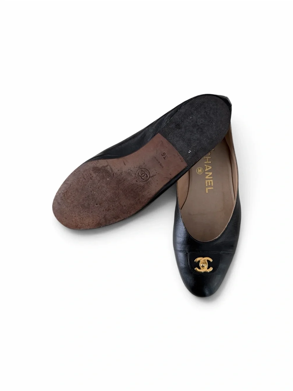 CHANEL Rare 24K CC Lock Black Leather Ballet Flats / EU 36